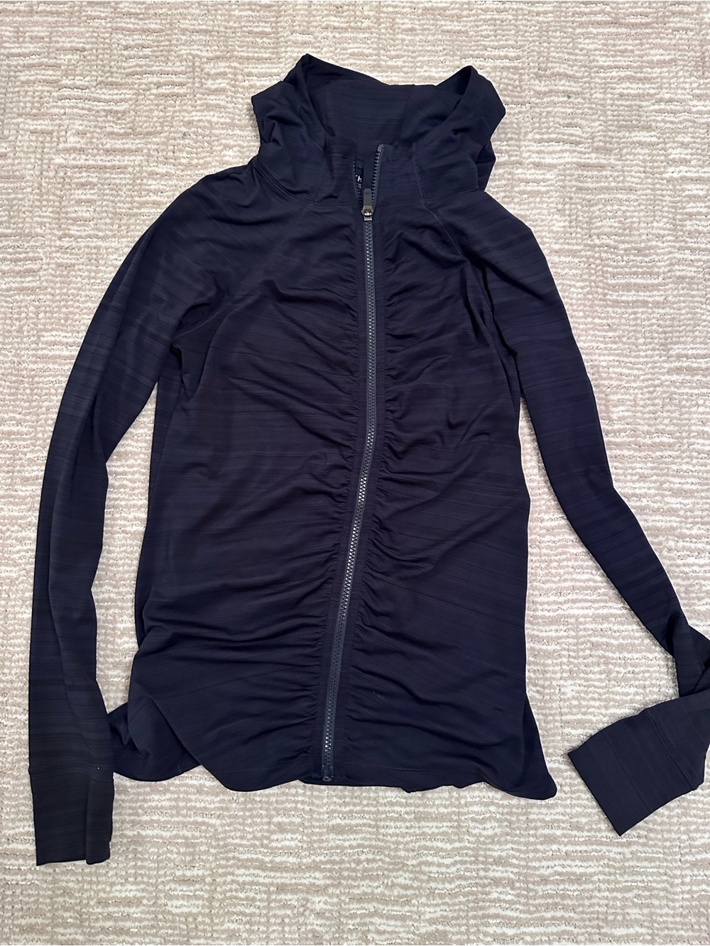 Athleta Black Ruched Zip-Up Hooded Long Sleeve Top